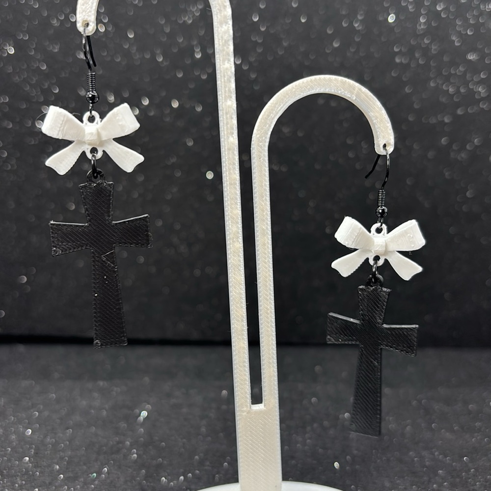 Black Cross Earrings with White Bows - Picture 4 of 4